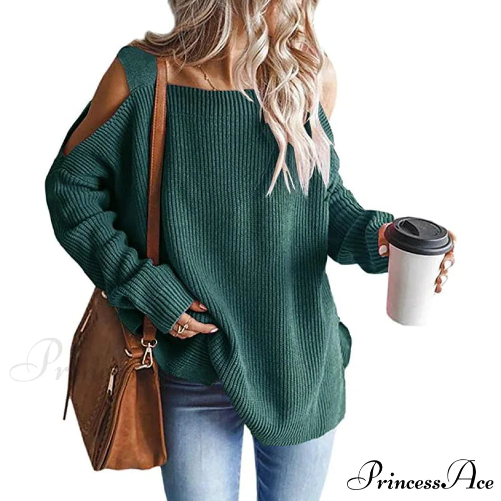 Batwing Tunic Cold Knitted Shoulder Tops for Women Green / S
