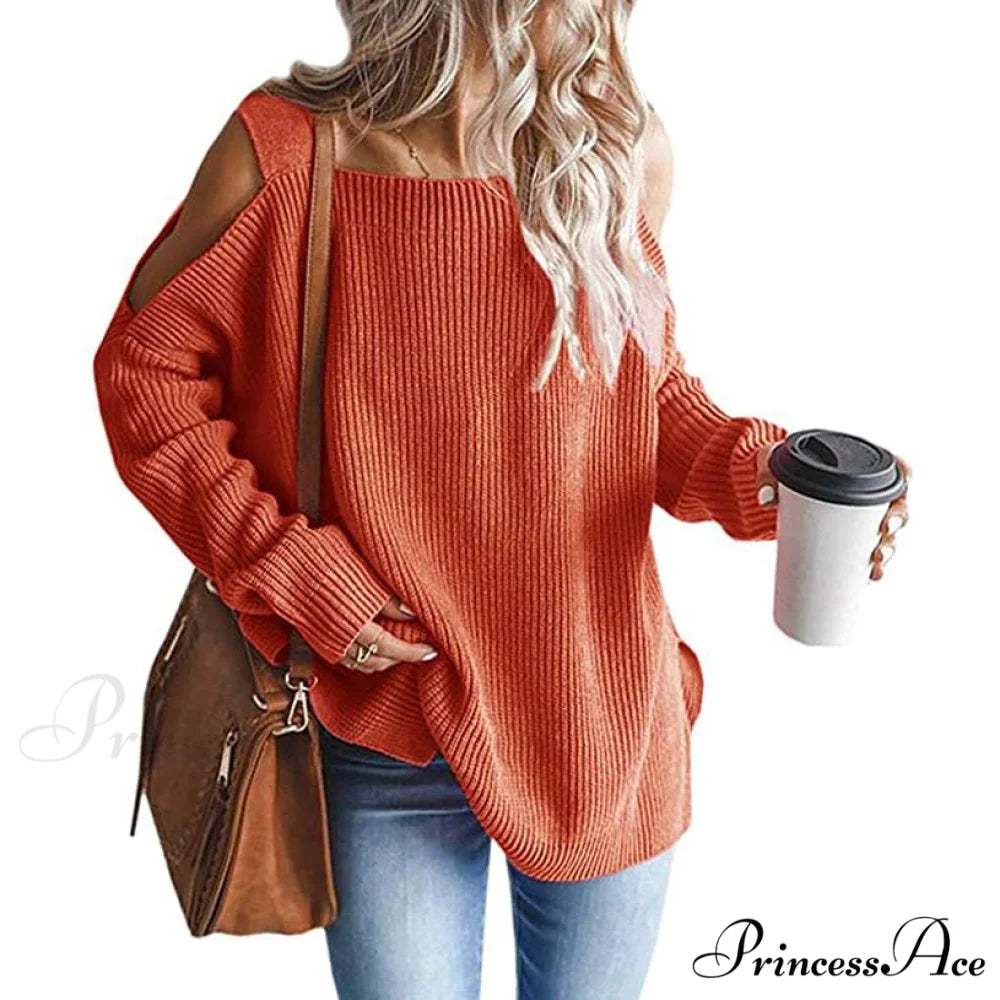 Batwing Tunic Cold Knitted Shoulder Tops for Women Orange / S