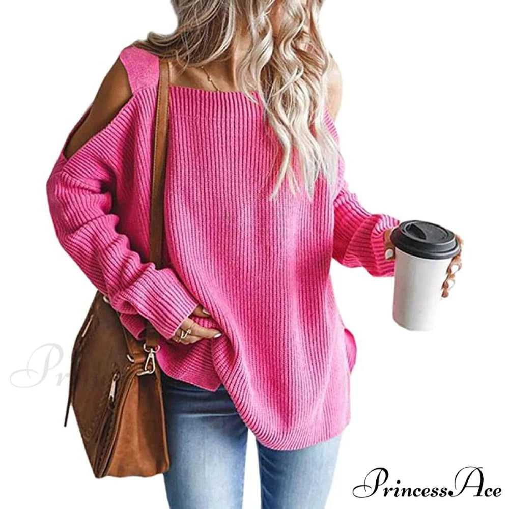 Batwing Tunic Cold Knitted Shoulder Tops for Women Pink / S
