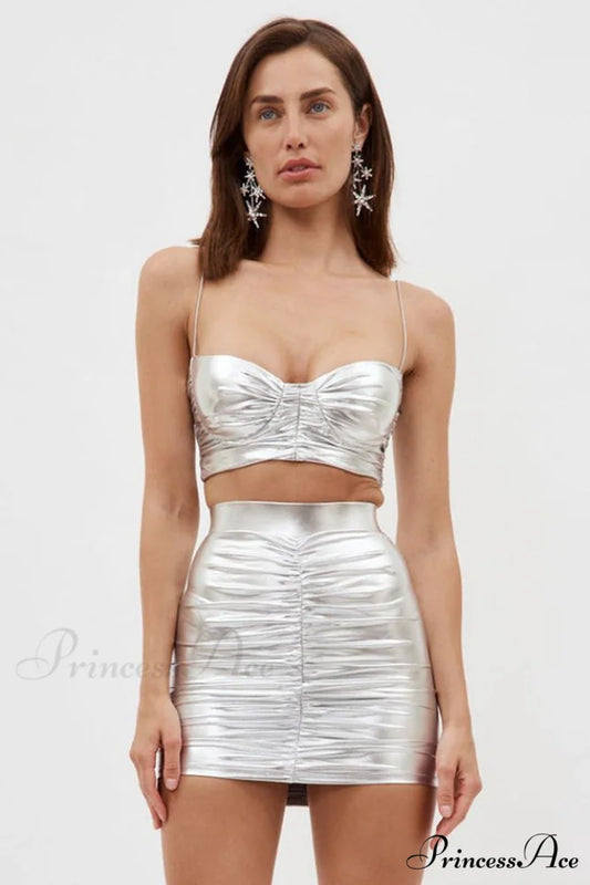 Bauer Ruched Bralette Charming + Riley Skirt Set XS / Metallic Silver