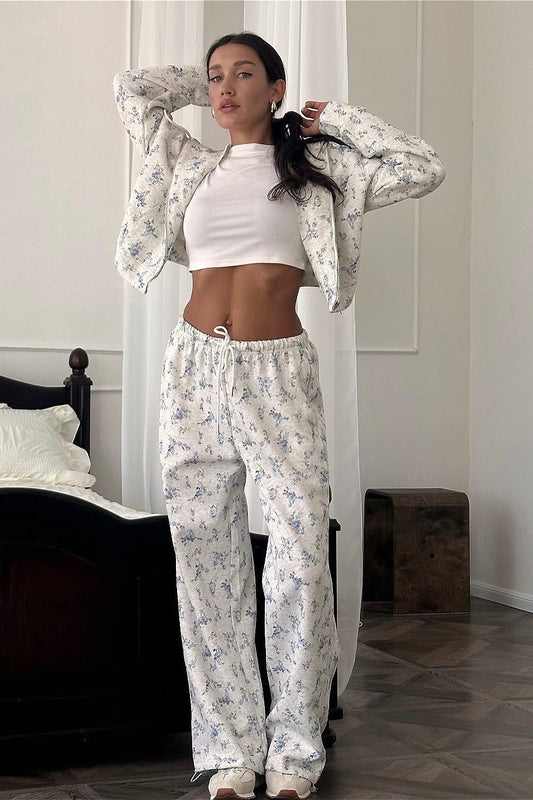 Floral Cropped Zip Hoodie Drawstring Wide-leg Pants Two Piece Set