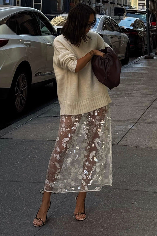 Sequin Lace Midi Skirt with Slit Skirt