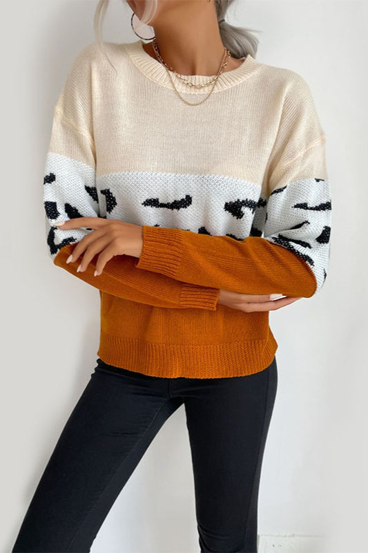 Contrast Leopard Pattern Knit Sweater