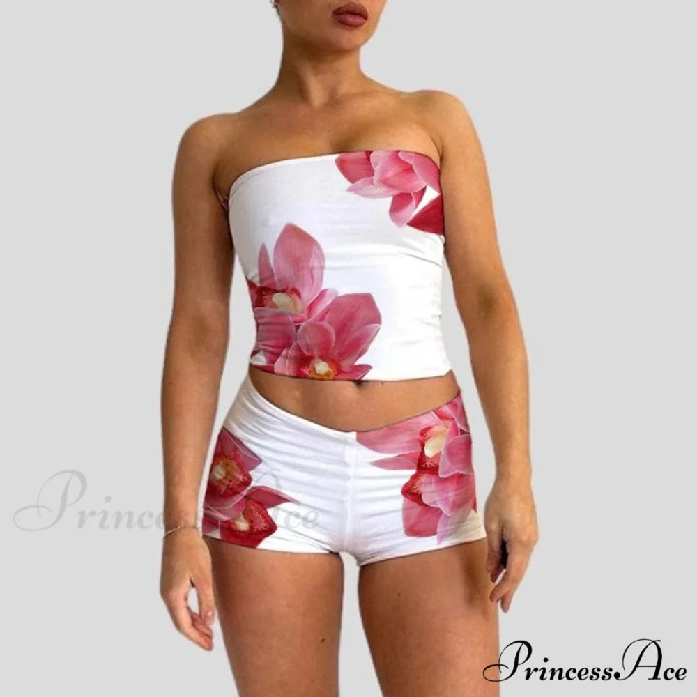Beach Holiday Lounge Attire 2 Piece Set Floral Pattern Strapless Crop Tube Tops Bandeau + Slim Mini Skirt Wrap Bodycon