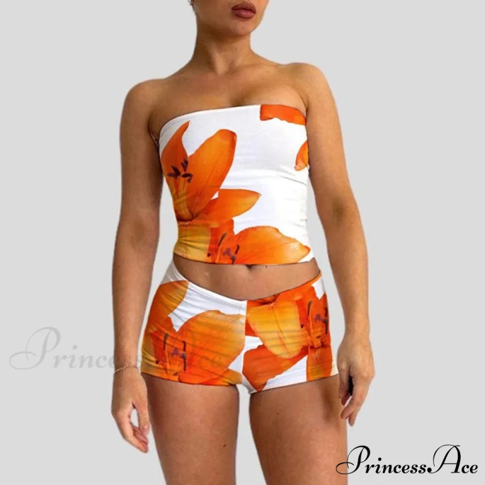 Beach Holiday Lounge Attire 2 Piece Set Floral Pattern Strapless Crop Tube Tops Bandeau + Slim Mini Skirt Wrap Bodycon