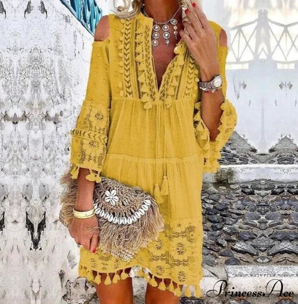 Beach Mini Dress with 3/4 Sleeves S / Blue
