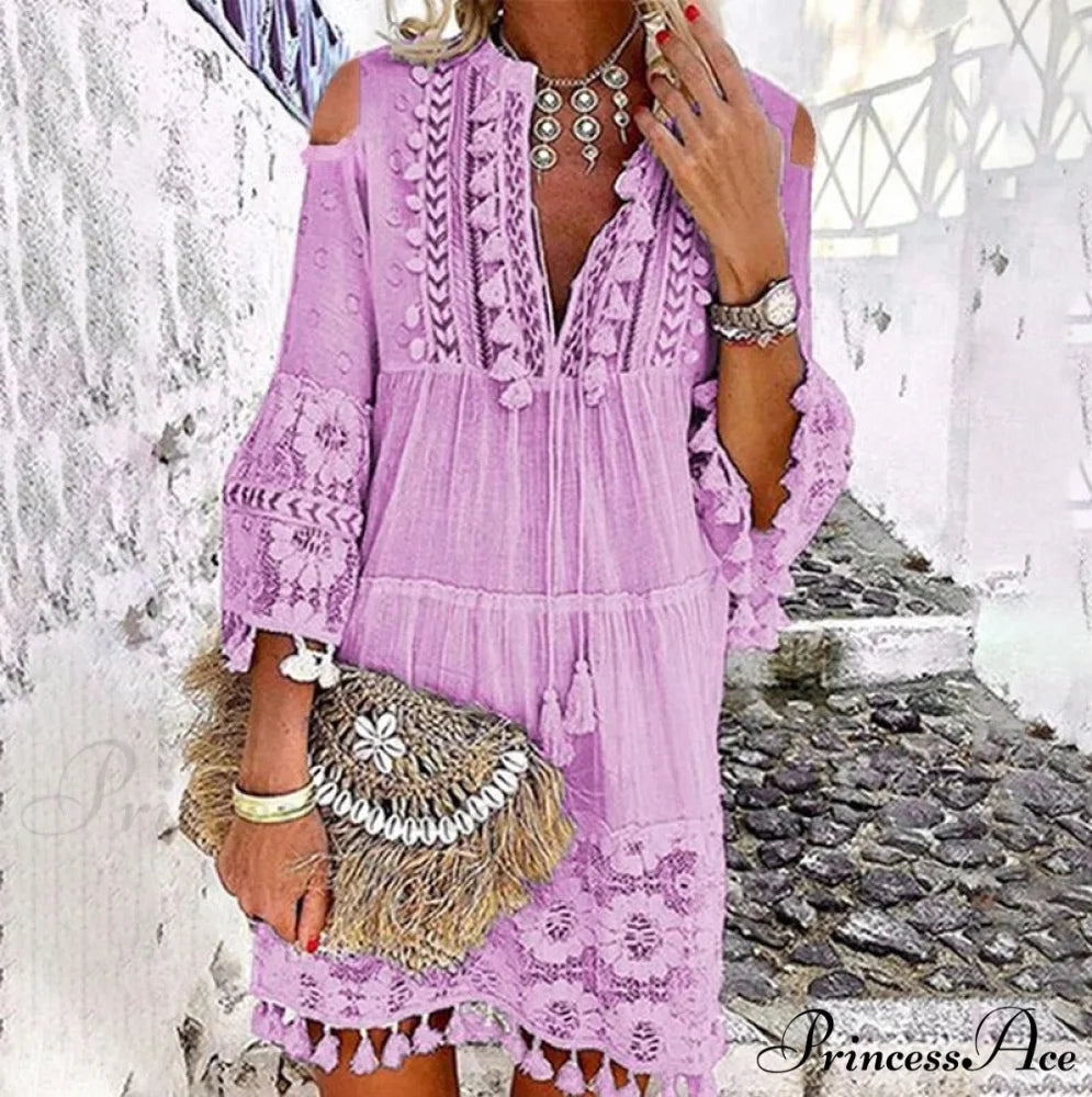 Beach Mini Dress with 3/4 Sleeves S / Khaki