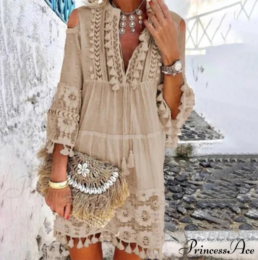 Beach Mini Dress with 3/4 Sleeves S / Pink