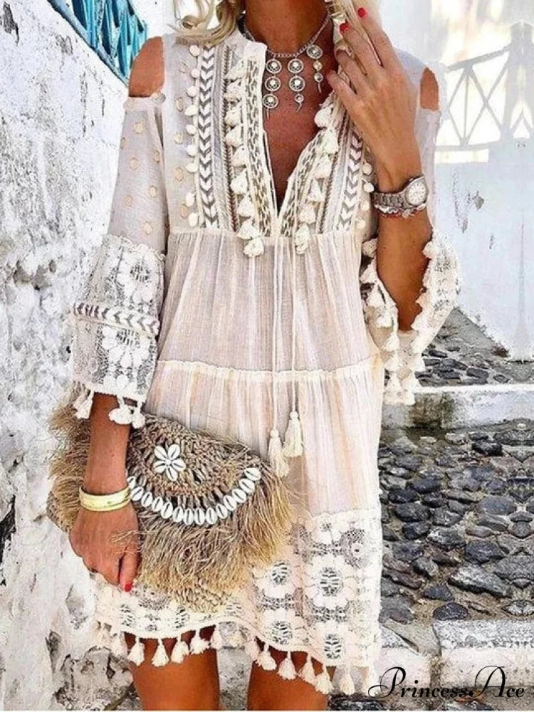 Beach Mini Dress with 3/4 Sleeves S / White