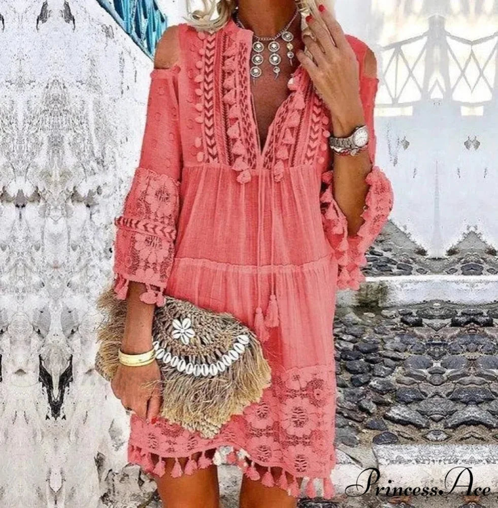 Beach Mini Dress with 3/4 Sleeves S / Yellow