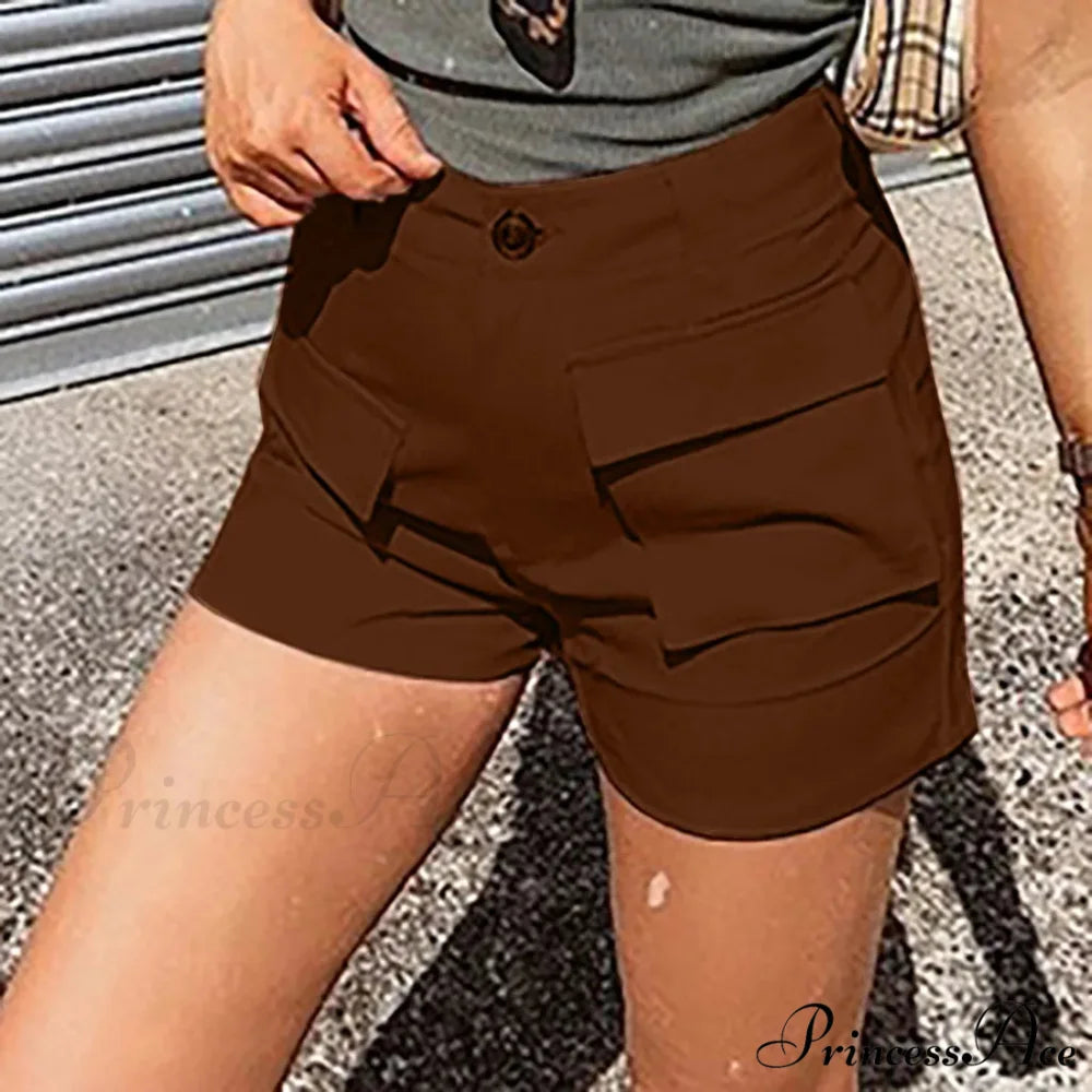 Beach Sexy Vintage High Waist With Pockets Patchwork Short Brown / XXL