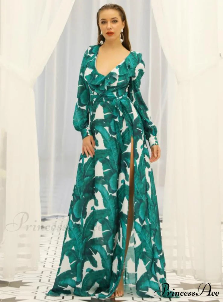 Beach Skirt Long Sleeve Dress with Waist Strap and Flounces