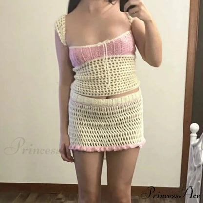 Beach Vacation 2 Piece Sets Crochet Hollow Out Crop Tops Backless Tie Up Knitted Tank Tops + Mini Pencil Skirt Y2K