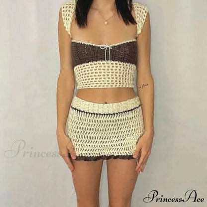 Beach Vacation 2 Piece Sets Crochet Hollow Out Crop Tops Backless Tie Up Knitted Tank Tops + Mini Pencil Skirt Y2K