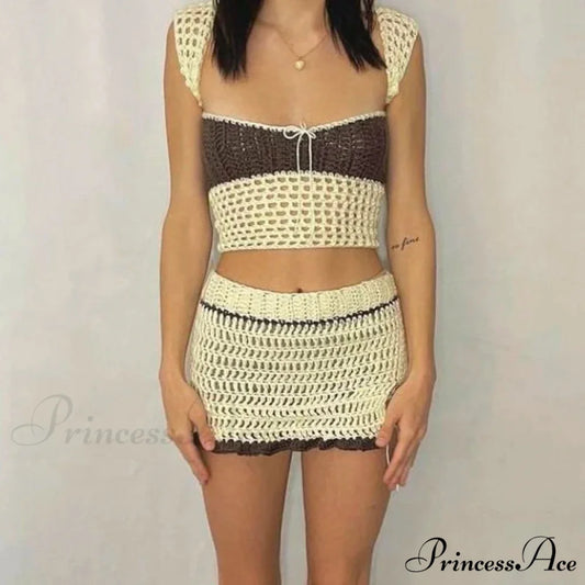 Beach Vacation 2 Piece Sets Crochet Hollow Out Crop Tops Backless Tie Up Knitted Tank Tops + Mini Pencil Skirt Y2K