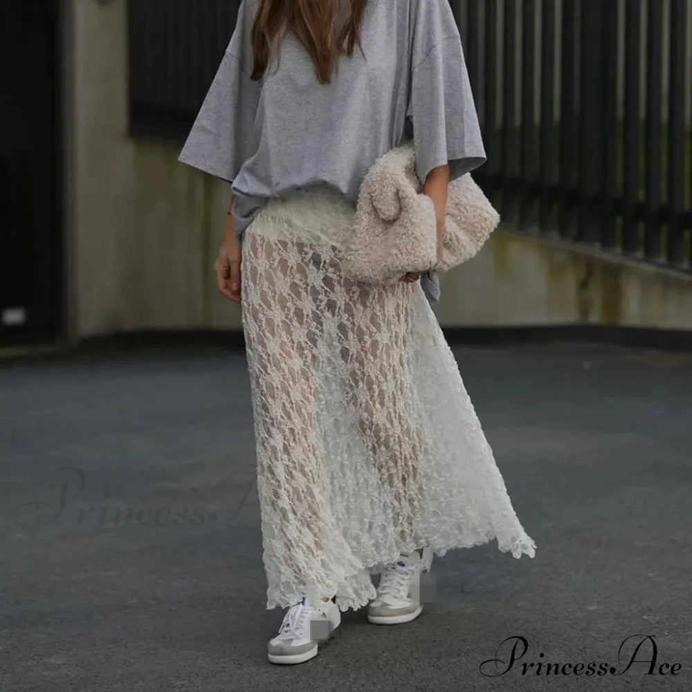Beachwear Flowery Lace Lotus Border Perspective Long Skirt skirt-250126