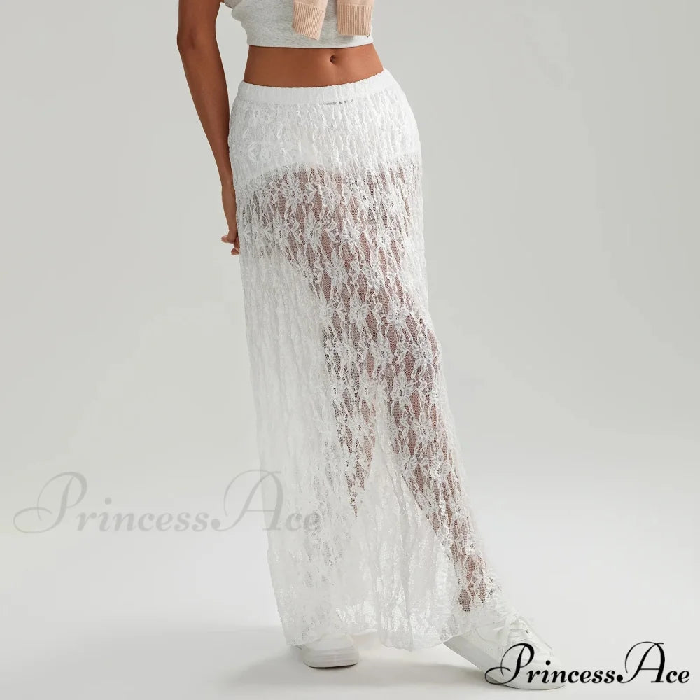 Beachwear Flowery Lace Lotus Border Perspective Long Skirt skirt-250126