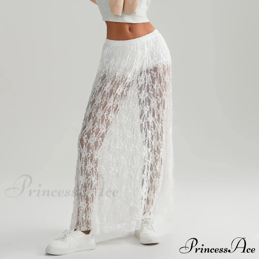 Beachwear Flowery Lace Lotus Border Perspective Long Skirt skirt-250126
