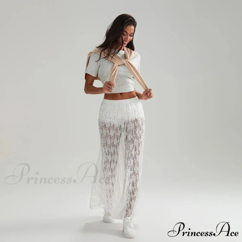 Beachwear Flowery Lace Lotus Border Perspective Long Skirt WHITE / S skirt-250126