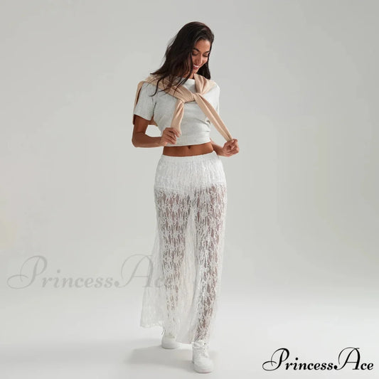 Beachwear Flowery Lace Lotus Border Perspective Long Skirt WHITE / S skirt-250126