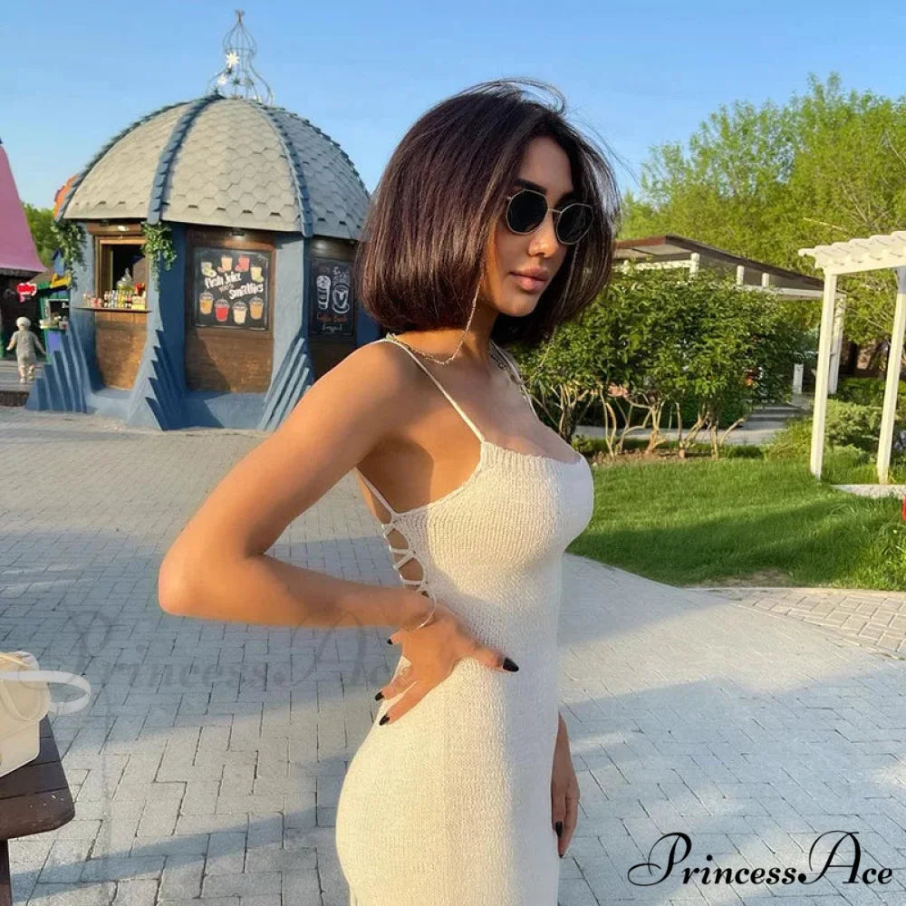 Beachwear Holiday Winter Knitted Sweater Spaghetti Strap Strapless Backless Lace Up Female Beach Bodycon Dress camel / S