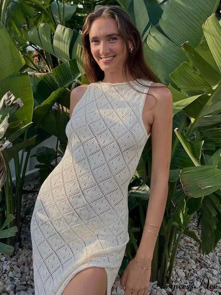 Beachwear Out Knitted Sleeveless Slit Tank Maxi Dress