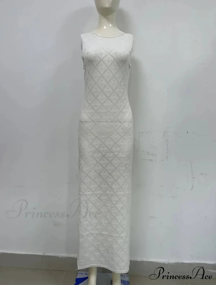 Beachwear Out Knitted Sleeveless Slit Tank Maxi Dress WHITE / S