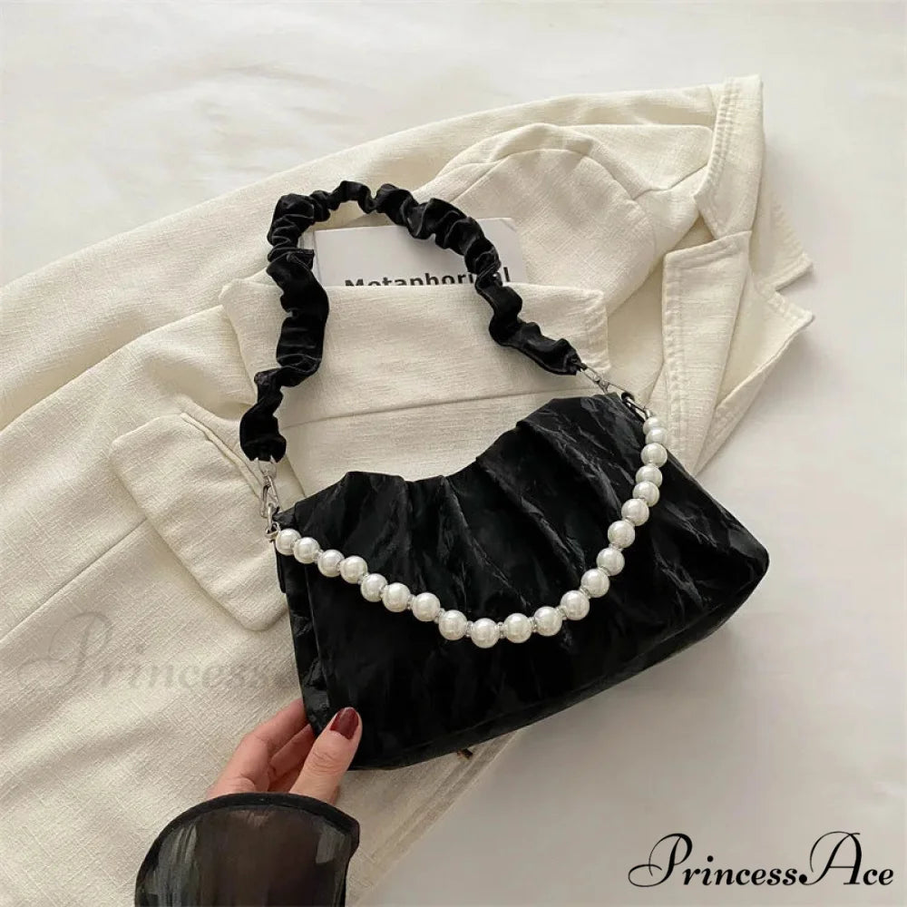 Beaded Chain Pleated Underarm Crossbody Handbag Black handbag-250126