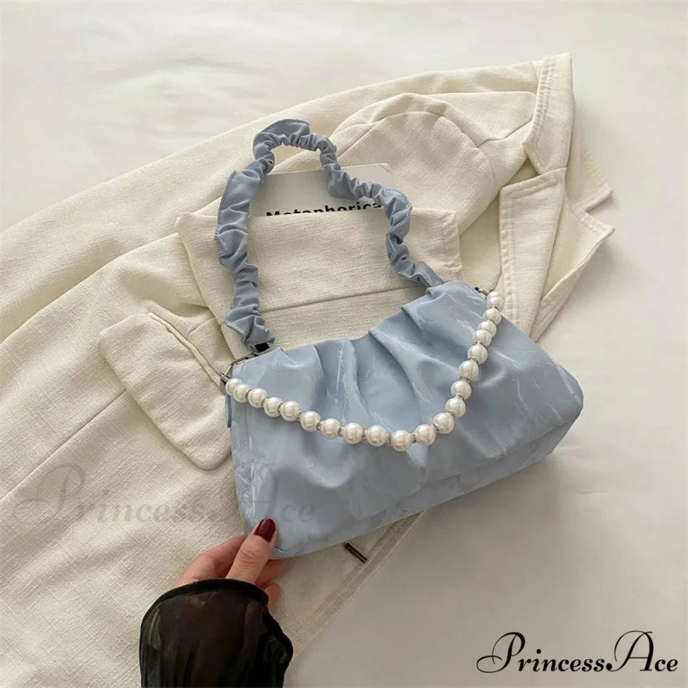 Beaded Chain Pleated Underarm Crossbody Handbag Blue handbag-250126