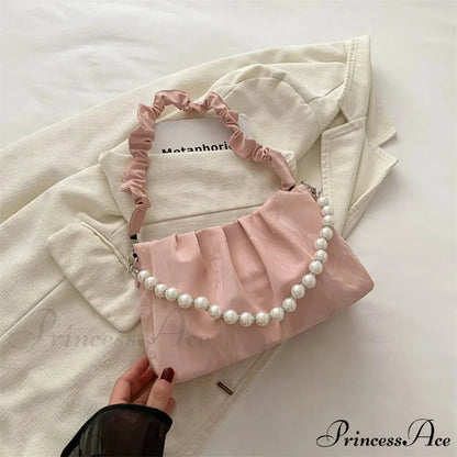 Beaded Chain Pleated Underarm Crossbody Handbag Pink handbag-250126