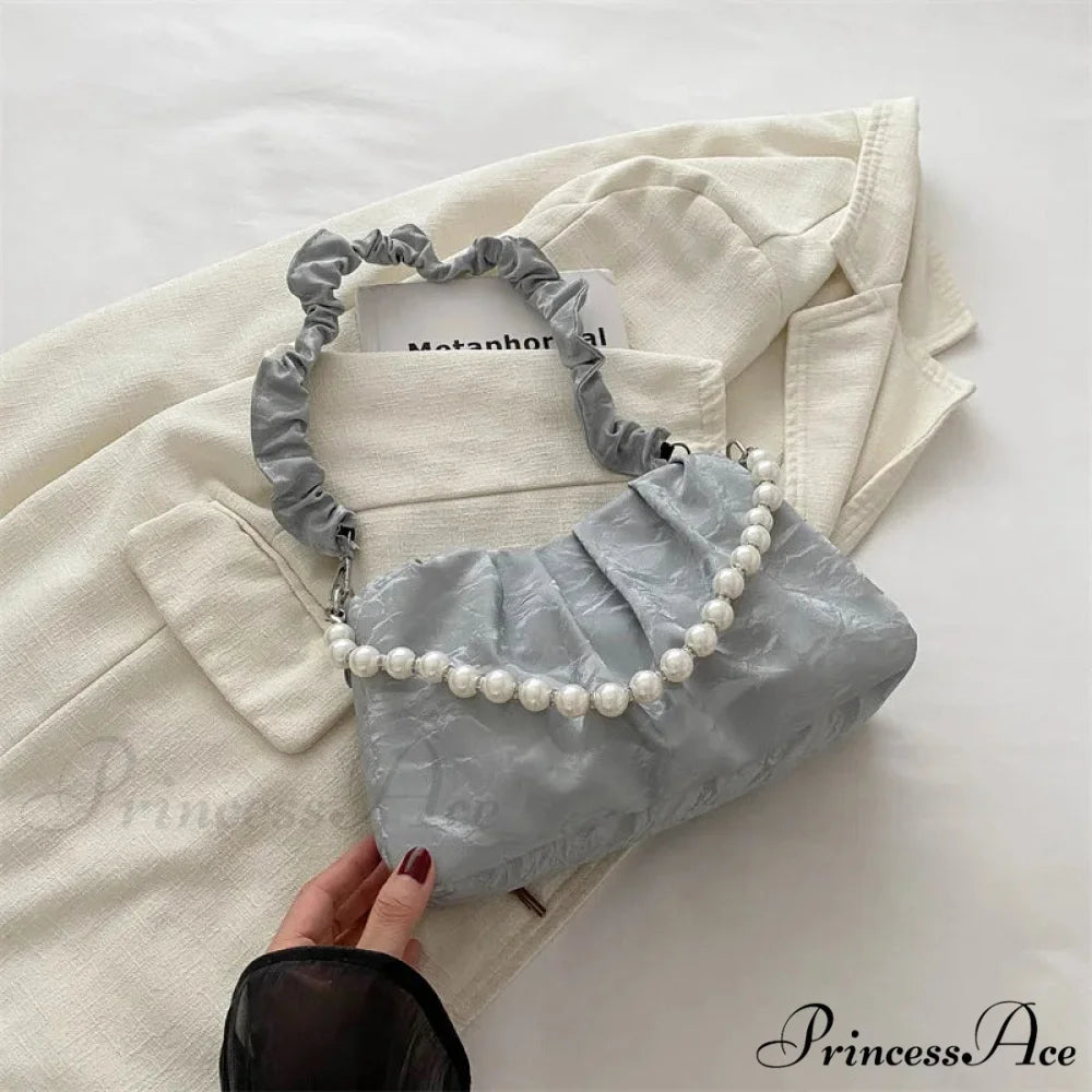 Beaded Chain Pleated Underarm Crossbody Handbag silver handbag-250126