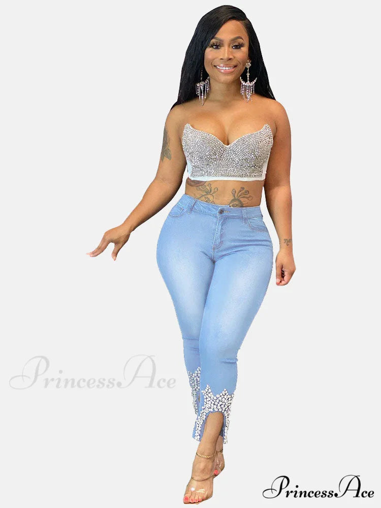 Beaded Sleeve Twist Trendy Front Midi Dress Light Blue / M