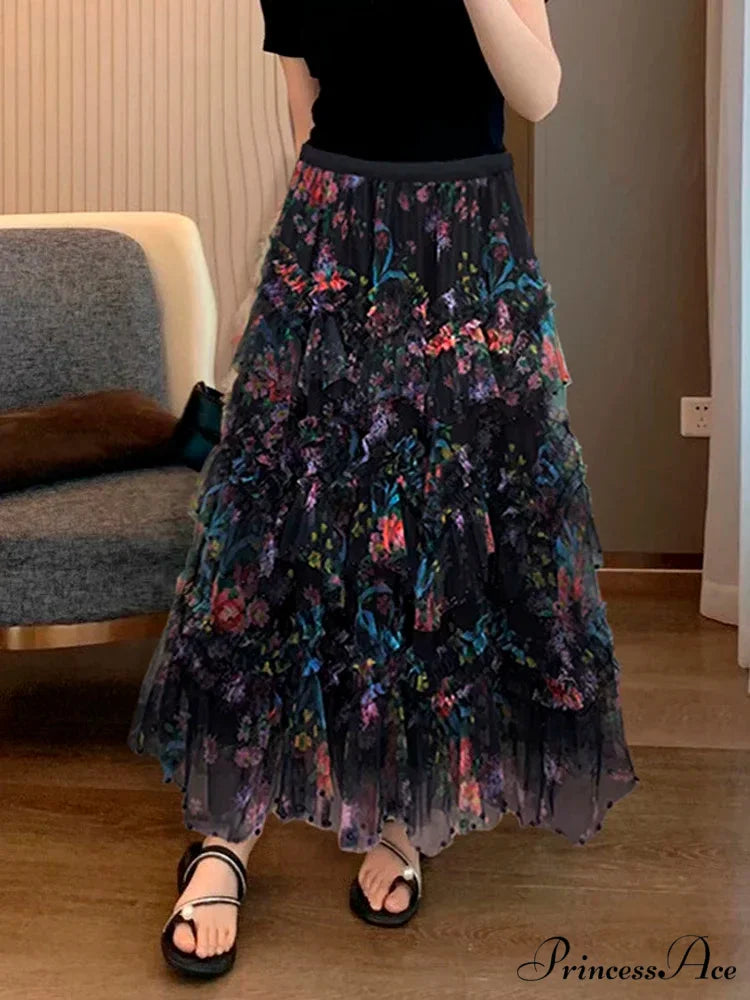 Beaded Sophisticated Uneven Mesh Tulle Skirt Black / One Size skirt-250126