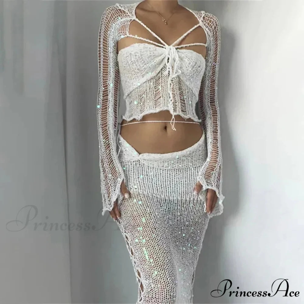 Beaded Sweater Maxi Dress WHITE / S