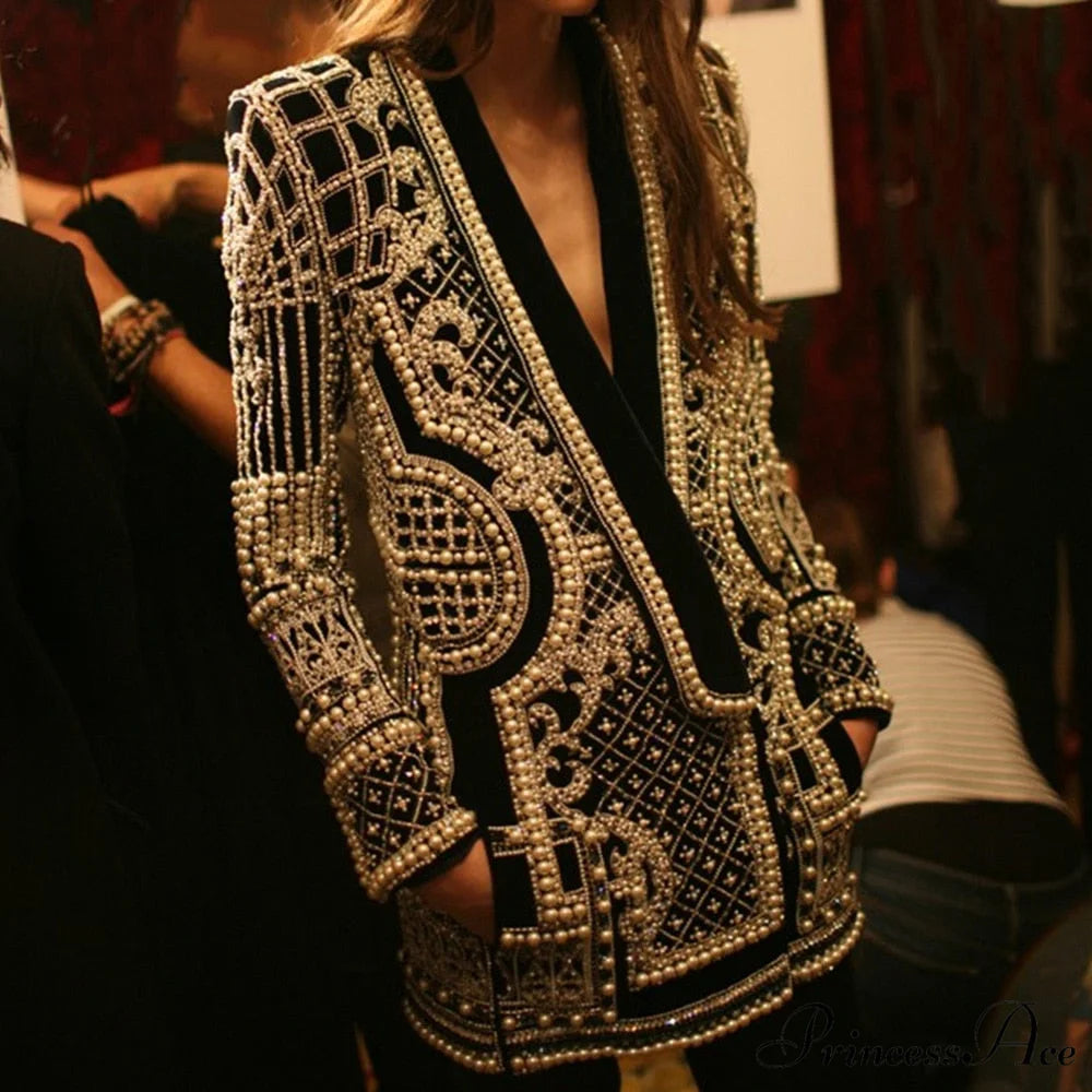 Beading Design Long Sleeve Vintage Coat Black / S