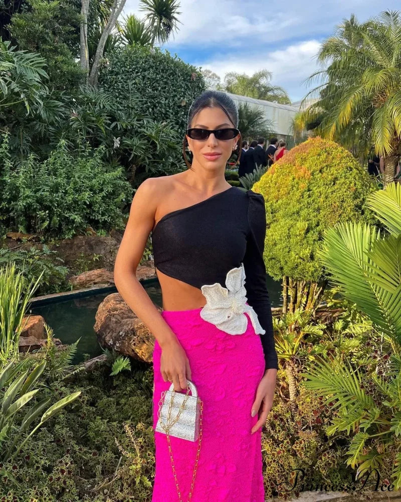 Beading Flower One-Shoulder Party Dress Rose Red / S