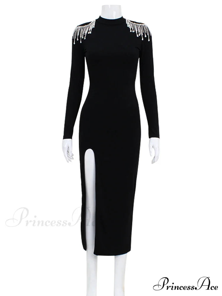 Beading Split Sexy Club Women Dresses Half High Neck Long Sleeve Christmas Party Dress