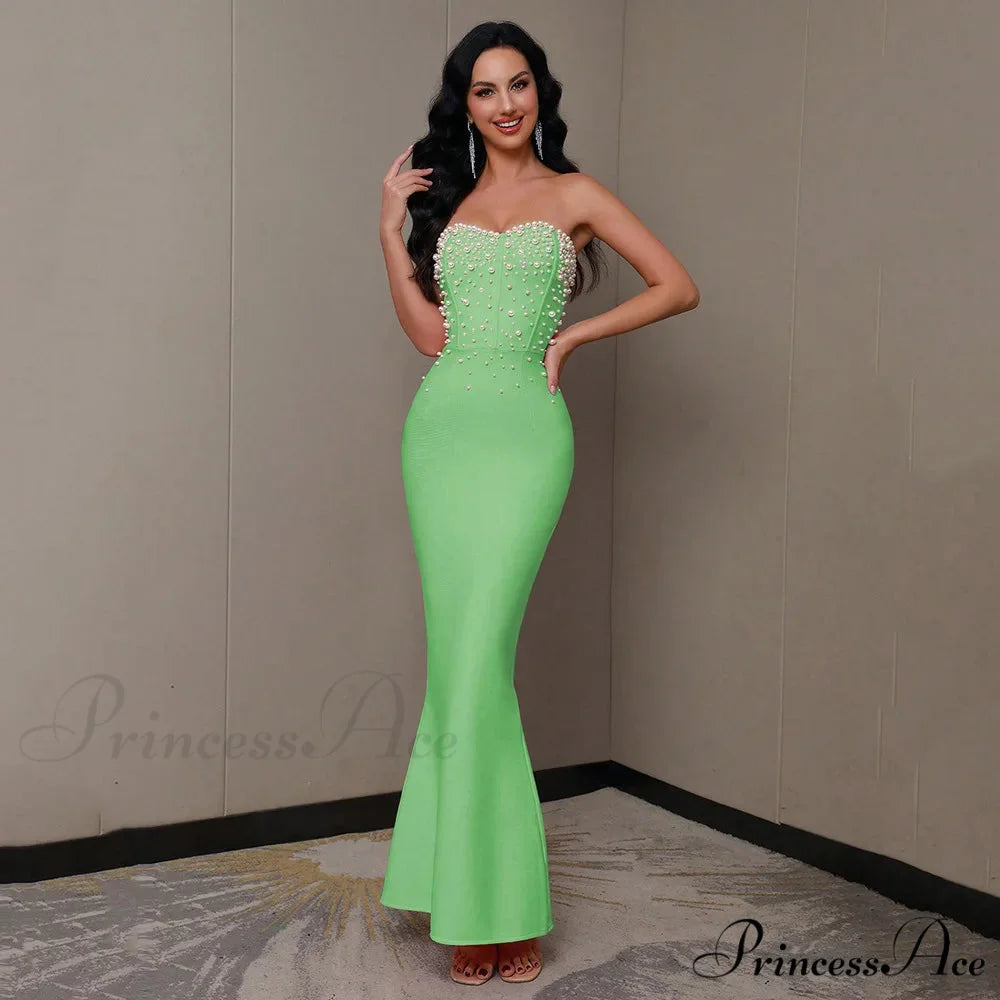 Beading Strapless Ankle-Length Party Dress Light Green / XS