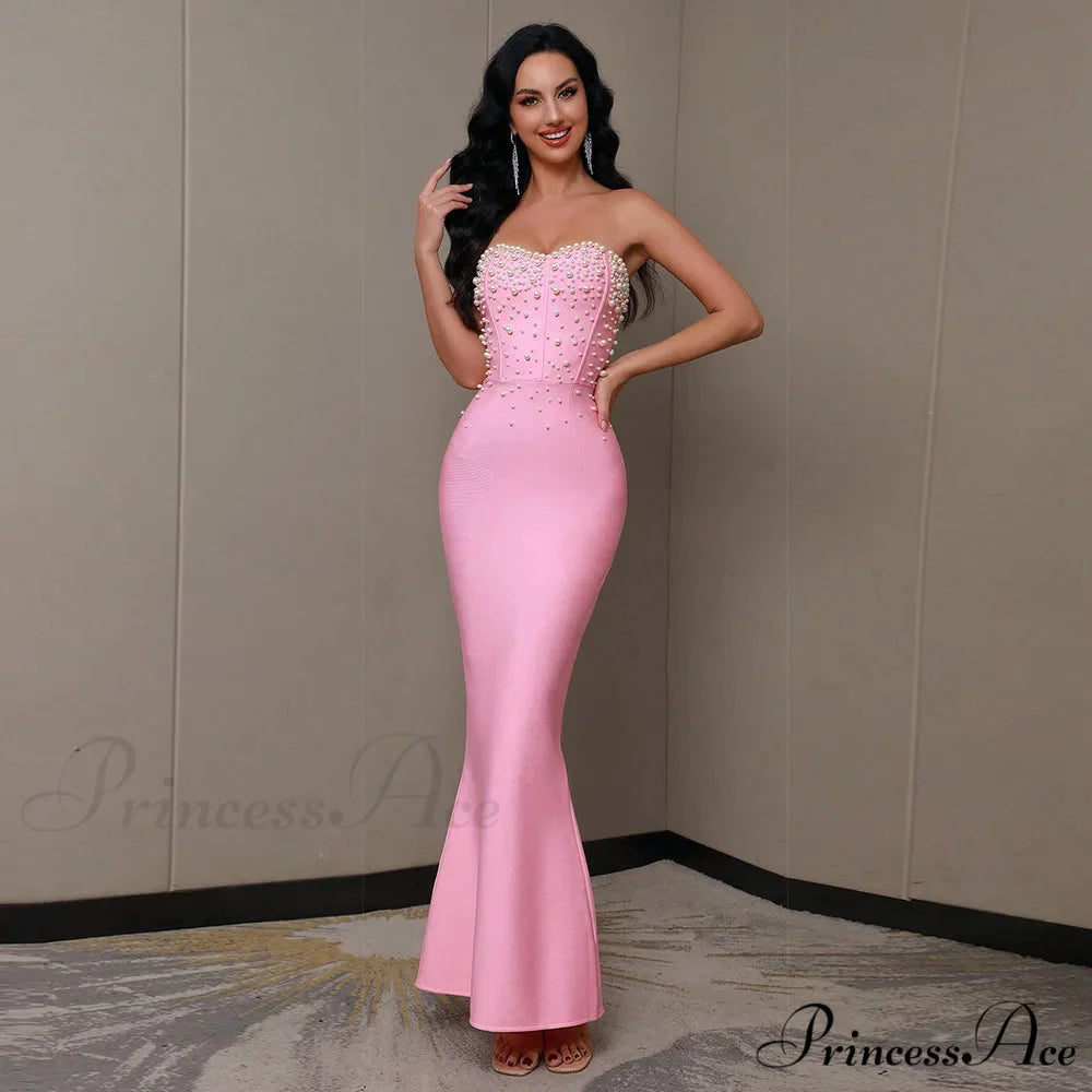 Beading Strapless Ankle-Length Party Dress Pink / XS