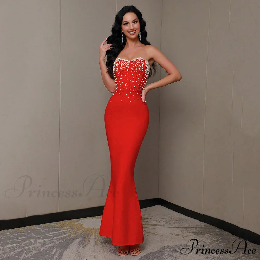 Beading Strapless Ankle-Length Party Dress Red / XS