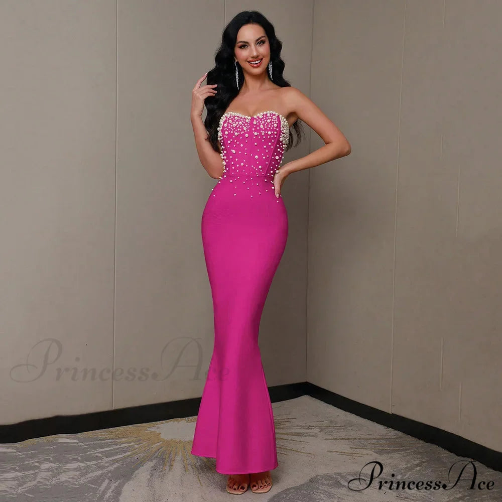 Beading Strapless Ankle-Length Party Dress Rose Red / XS