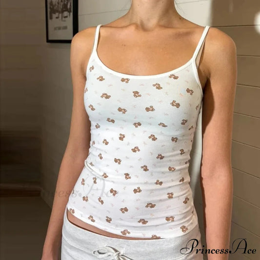 Bear Mark Vintage Tight Fit Tank Low Cut Shorts Two Pieces Set Crop Tops Shorts / S twopiecesset-250126