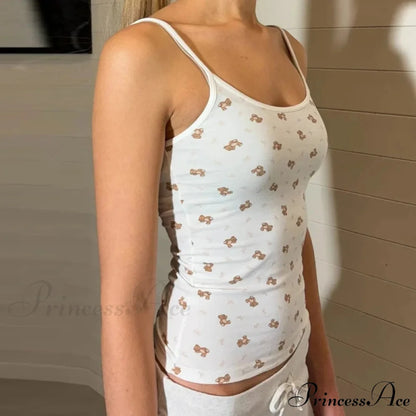 Bear Mark Vintage Tight Fit Tank Low Cut Shorts Two Pieces Set twopiecesset-250126