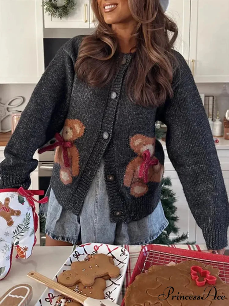 Bear Print Button-Up Circular Neck Knit Cardigan BLACK / S cardiagn-250126