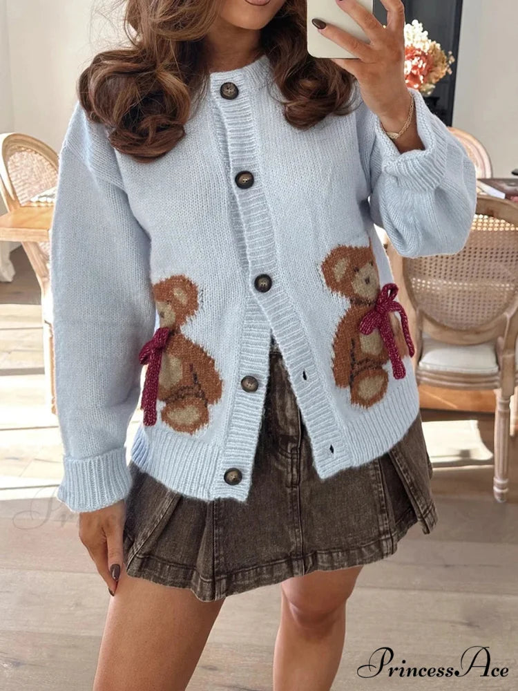 Bear Print Button-Up Circular Neck Knit Cardigan BLUE / S cardiagn-250126