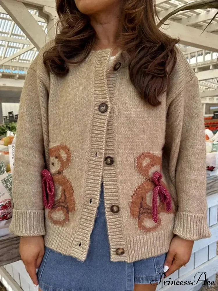 Bear Print Button-Up Circular Neck Knit Cardigan KHAKI / S cardiagn-250126