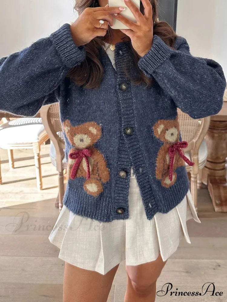 Bear Print Button-Up Circular Neck Knit Cardigan NAVY BLUE / S cardiagn-250126