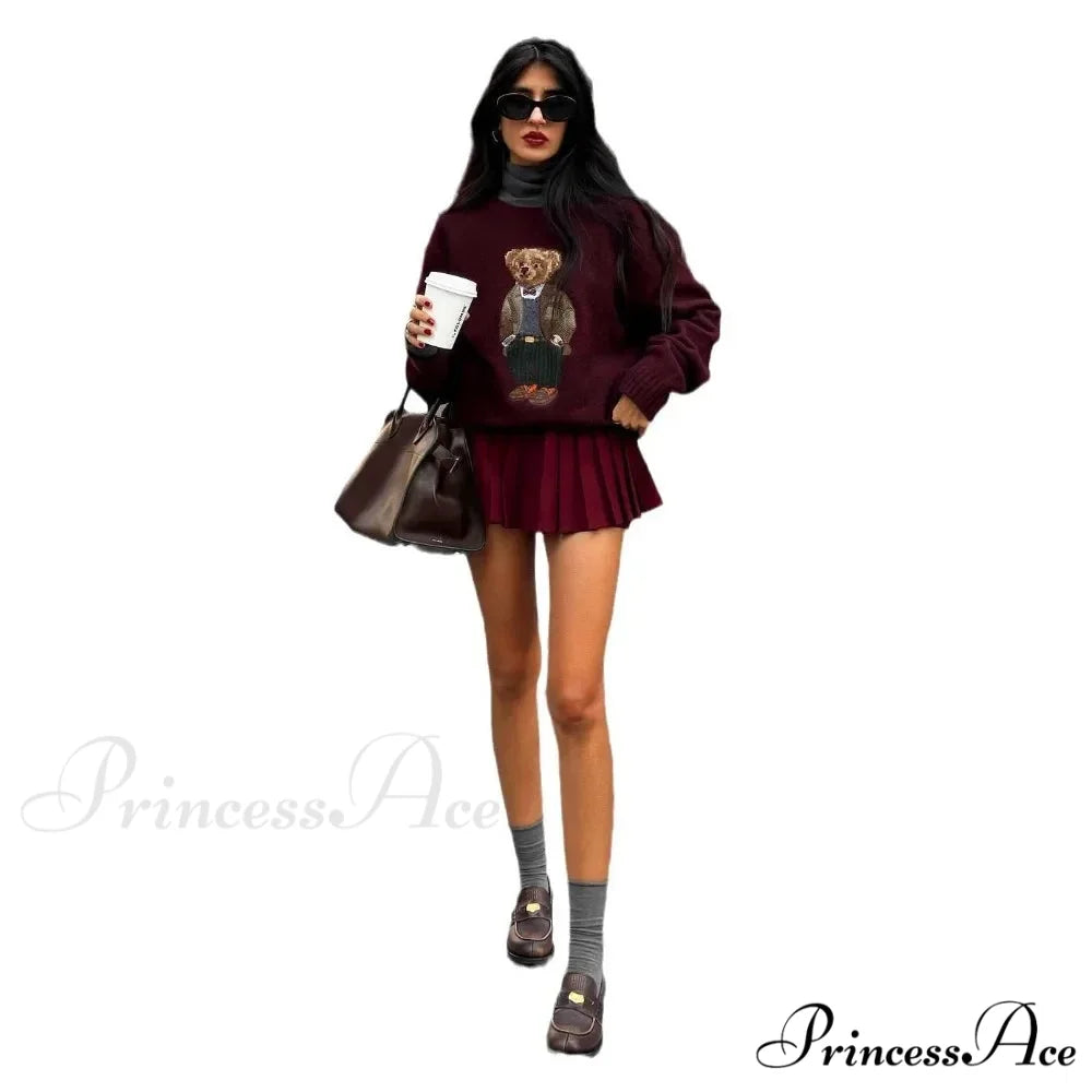 Bear Stitched Cartoon University Style Pullover swraters-241228