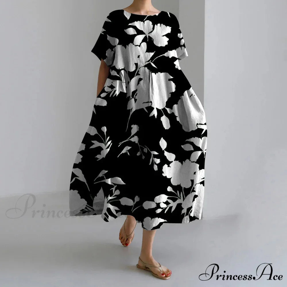 Beautiful 3D Flower Pattern Short Sleeve Midi Evening Dress black1 / S oldfloraldress-250126