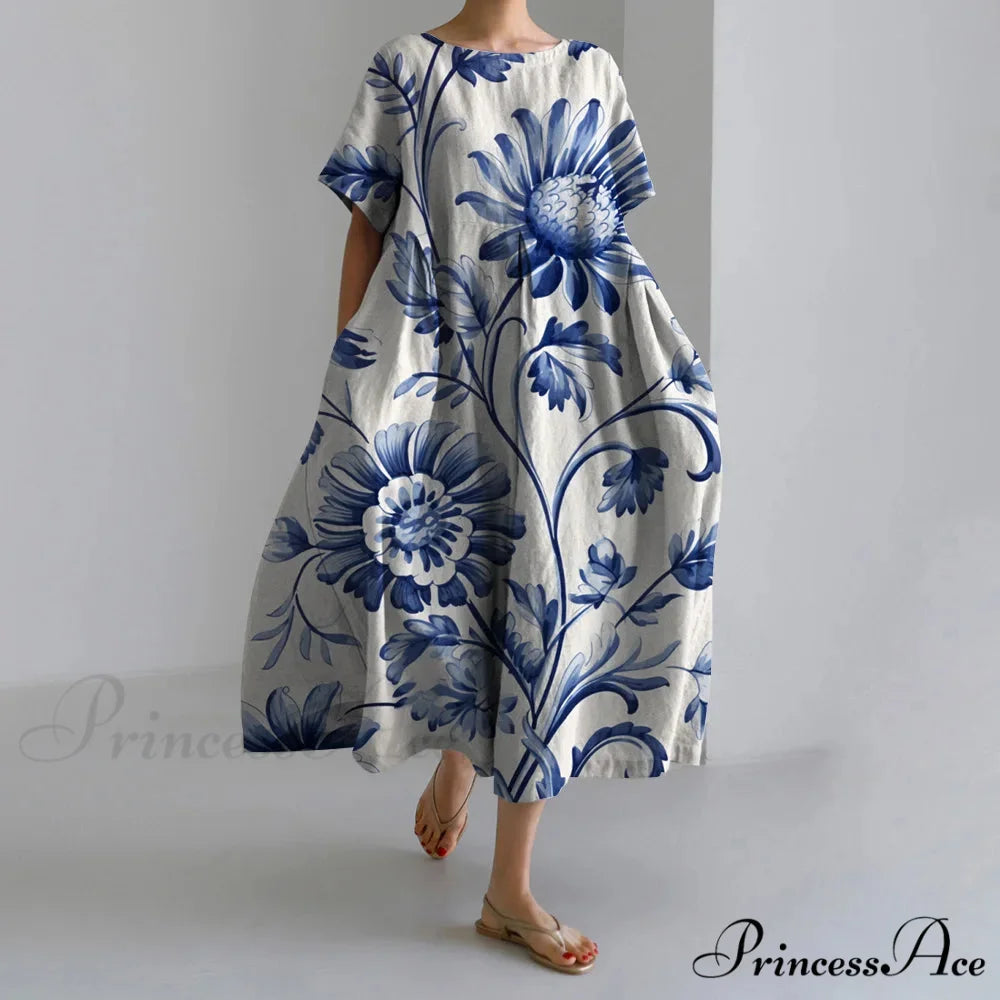 Beautiful 3D Flower Pattern Short Sleeve Midi Evening Dress blue1 / S oldfloraldress-250126